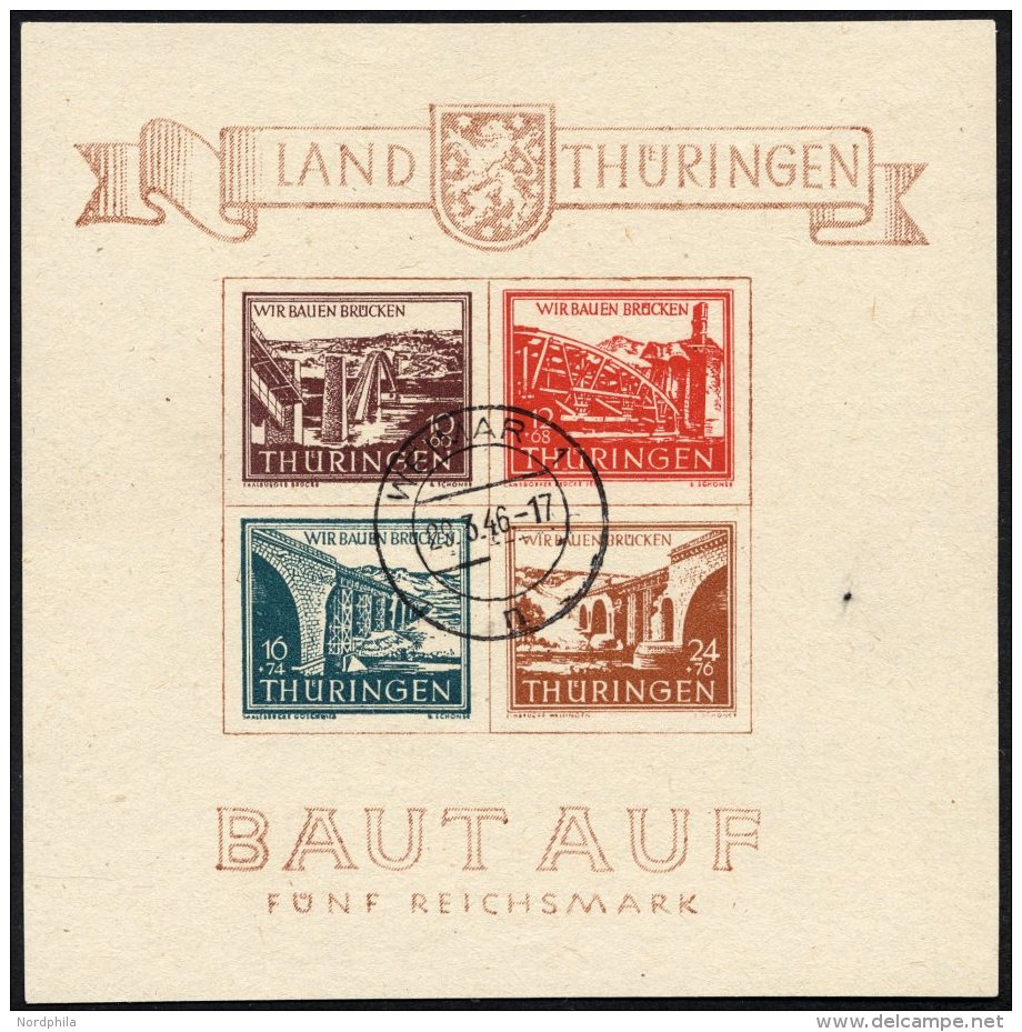 TH&Uuml;RINGEN Bl. 4a O, 1946, Br&uuml;ckenblock, Type I, Mit Stempel WEIMAR 29.3.46 (ein Tag Vor Ersttag), Pracht, R!, - Other & Unclassified