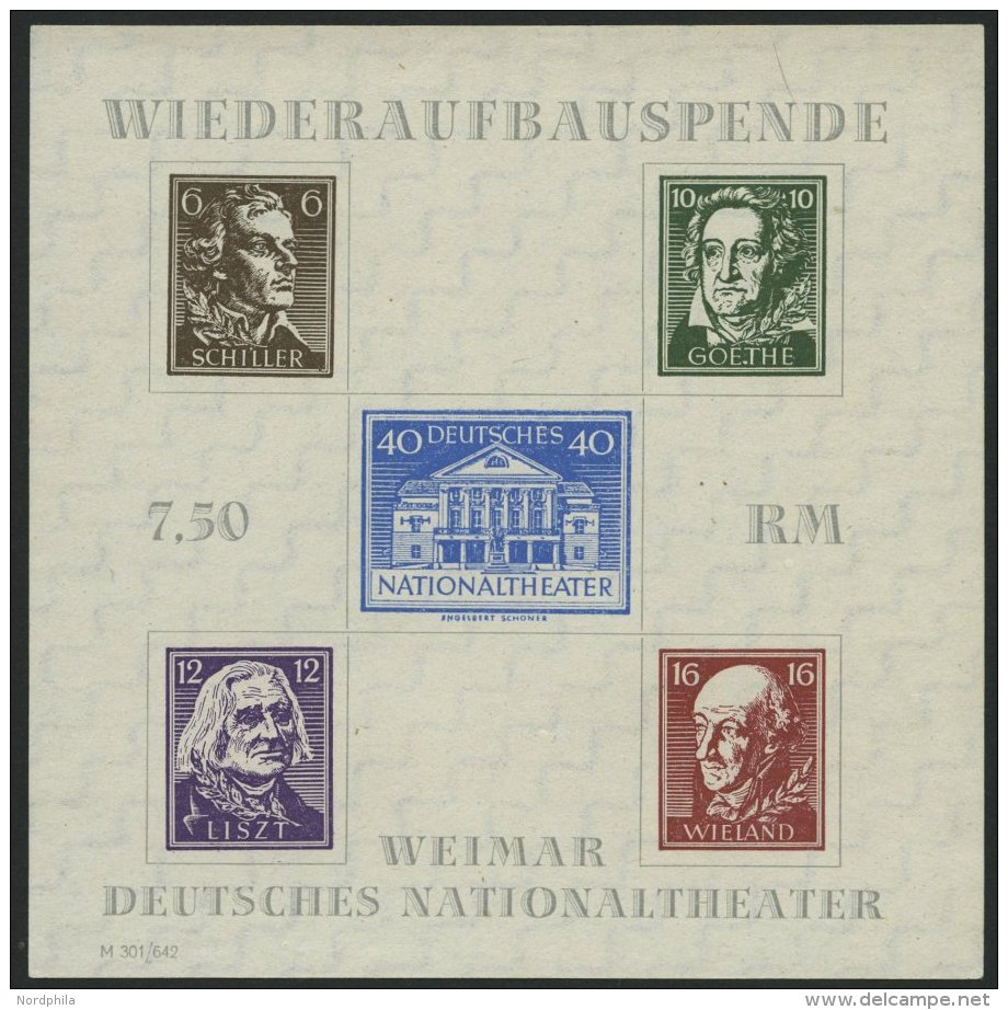 TH&Uuml;RINGEN Bl. 3APFIV (*), 1946, Block Nationaltheater, Ungez&auml;hnt, Mit Plattenfehler Punkt Hinter Erstem E Im G - Other & Unclassified