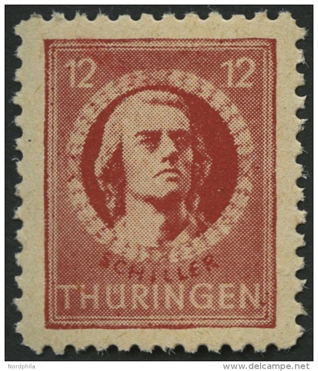 TH&Uuml;RINGEN 97AXbt **, 1945, 12 Pf. Dunkelbr&auml;unlichrot, Gelblichgraues Papier, Pracht, Gepr. Str&ouml;h, Mi. 120 - Sonstige & Ohne Zuordnung