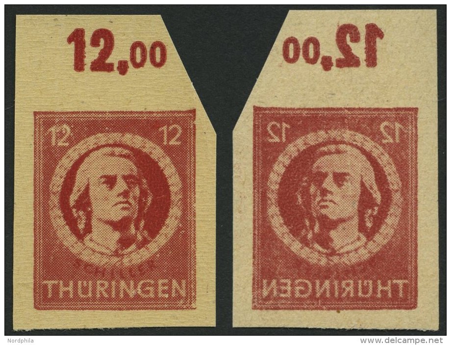 TH&Uuml;RINGEN 97AXbp1UG **, 1945, 12 Pf. Dunkelbr&auml;unlichrot, Vollgummierung, Dickes Papier, Steigende Papierstreif - Other & Unclassified