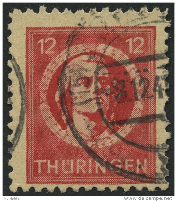 TH&Uuml;RINGEN 97AXbat O, 1945, 12 Pf. Dunkelbr&auml;unlichrot (dunkelbraunrot Quarzend), Gelblichgraues Papier, Ein Feh - Other & Unclassified