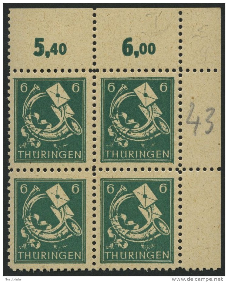 TH&Uuml;RINGEN 95AXbs VB **, 1945, 6 Pf. Schw&auml;rzlichbl&auml;ulichgr&uuml;n, Vollgummierung, Hellchromgelbes Papier, - Other & Unclassified