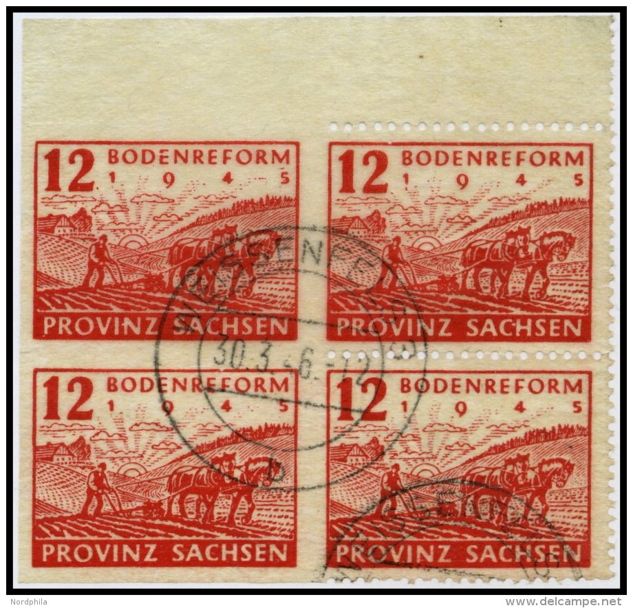 PROVINZ SACHSEN 91XU,91XUl O, 1946, 12 Pf. Bogenreform Auf Zigarettenpapier, Wz. X, Im Viererblock Vom Oberrand, Die Bei - Other & Unclassified