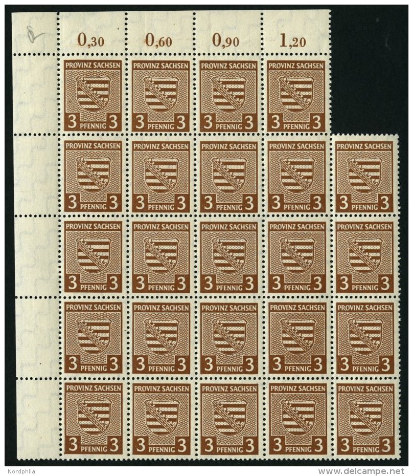 PROVINZ SACHSEN 74Xy **, 1945, 3 Pf. Gelbbraun, Wz. 1X, Fluoreszierende Gummierung, 24x Im Bogenteil, Pracht, Mi. 192.- - Other & Unclassified