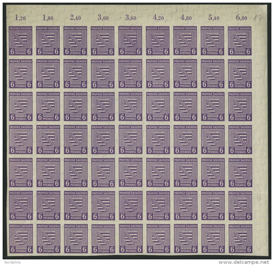 PROVINZ SACHSEN 69Xb **, 1945, 6 Pf. R&ouml;tlichgrauviolett, Wz. X, 63x Im Bogenteil, Pracht, Mi. 378.- - Other & Unclassified