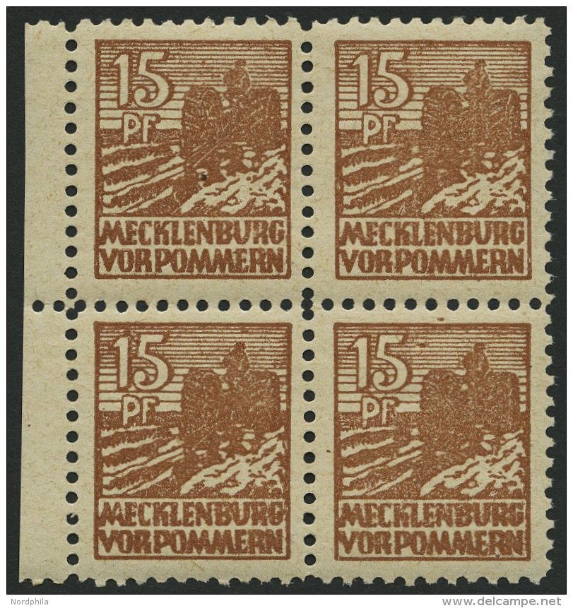 MECKLENBURG-VORPOMMERN 37zaDZ VB **, 1946, 15 Pf. Gelbbraun, D&uuml;nnes Papier, Im Viererblock Mit Druckereizeichen, Pr - Other & Unclassified