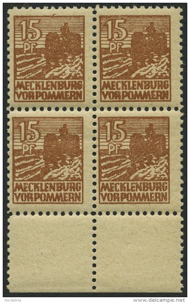 MECKLENBURG-VORPOMMERN 37za VB **, 1946, 15 Pf. Gelbbraun, D&uuml;nnes Papier, Im Viererblock Vom Unterrand, Pracht, Gep - Other & Unclassified