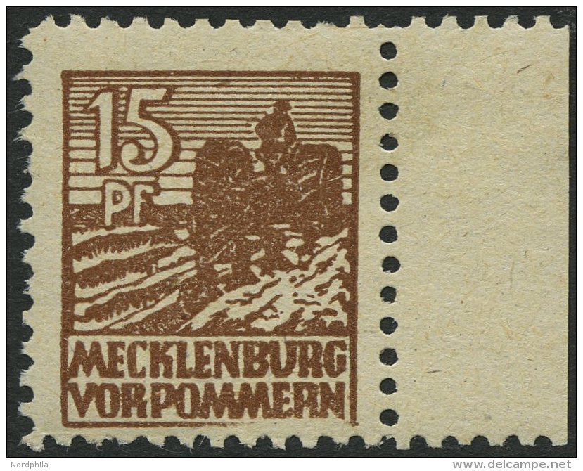 MECKLENBURG-VORPOMMERN 37ydIII **, 1946, 15 Pf. Mittelsiena, Graues Papier, Plattenfehler III, &uuml;blich Gez&auml;hnt - Other & Unclassified