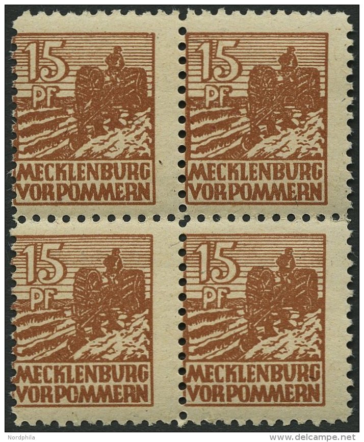 MECKLENBURG-VORPOMMERN 37ybb VB **, 1946, 15 Pf. Schw&auml;rzlichgelbbraun, Graues Papier, Im Viererblock, Pracht, Gepr. - Other & Unclassified