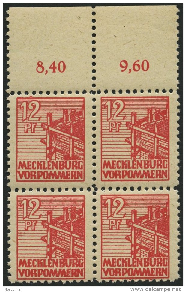 MECKLENBURG-VORPOMMERN 36zb VB **, 1946, 12 Pf. Rot, D&uuml;nnes Papier, Im Viererblock Vom Oberrand, Pracht, Gepr. Kram - Other & Unclassified