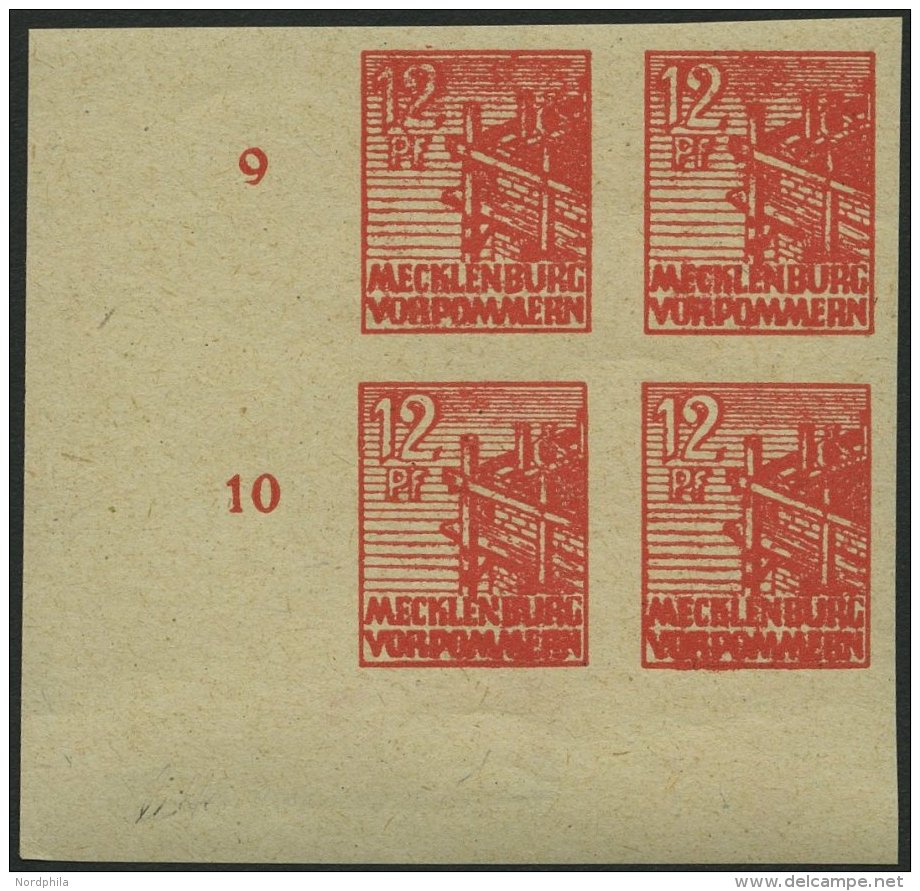 MECKLENBURG-VORPOMMERN 36yeU VB **, 1946, 12 Pf. Orangerot, Graues Papier, Ungez&auml;hnt, Im Unteren Linken Eckrandvier - Other & Unclassified