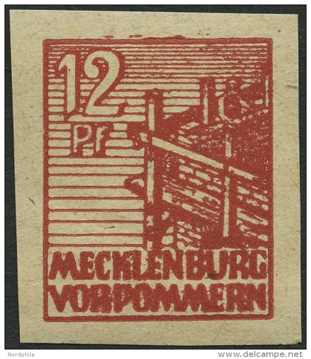 MECKLENBURG-VORPOMMERN 36ydU **, 1946, 12 Pf. Braunrot, Graues Papier, Ungez&auml;hnt, Pracht, Gepr. Kramp, Mi. 500.- - Other & Unclassified