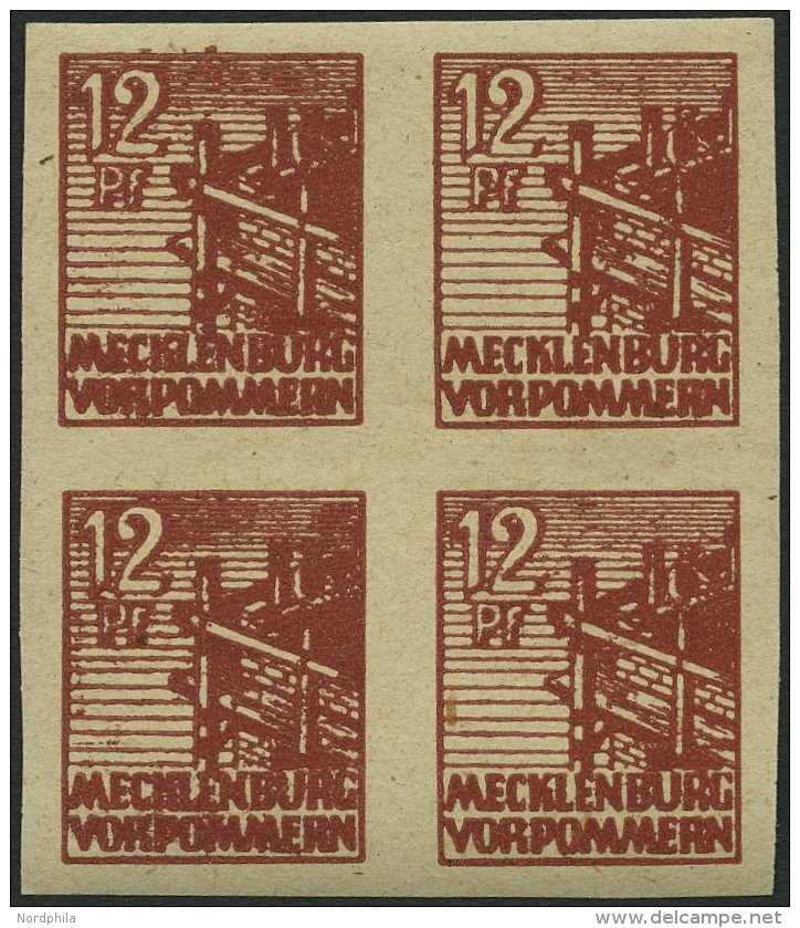 MECKLENBURG-VORPOMMERN 36ydU VB **, 1946, 12 Pf. Braunrot, Graues Papier, Ungez&auml;hnt, Im Viererblock, Pracht, R!, Fo - Other & Unclassified