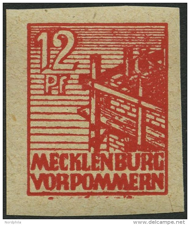 MECKLENBURG-VORPOMMERN 36ybU **, 1946, 12 Pf. Rot, Graues Papier, Ungez&auml;hnt, Pracht, Gepr. Kramp, Mi. 60.- - Other & Unclassified