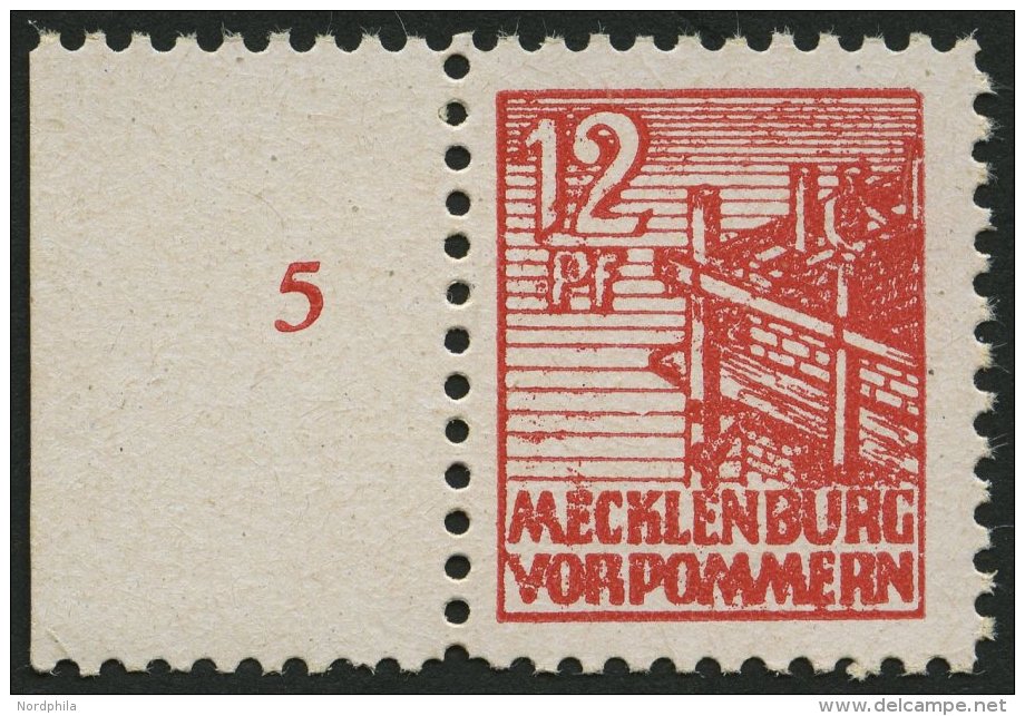 MECKLENBURG-VORPOMMERN 36xcc **, 1946, 12 Pf. Schw&auml;rzlichgraurot, Kreidepapier, Linkes Randst&uuml;ck, Pracht, Gepr - Other & Unclassified