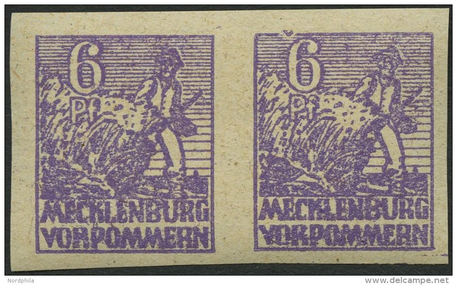 MECKLENBURG-VORPOMMERN 33yeU Paar **, 1946, 6 Pf. Grauviolett, Graues Papier, Ungez&auml;hnt, Im Waagerechten Paar, R&uu - Other & Unclassified