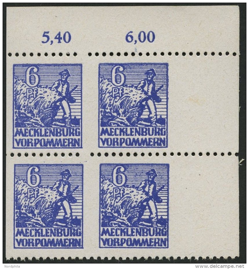 MECKLENBURG-VORPOMMERN 33xbUs VB **, 1946, 6 Pf. Violettblau, Kreidepapier, Senkrecht Ungez&auml;hnt, Im Eckrandviererbl - Other & Unclassified