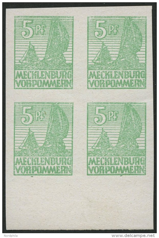 MECKLENBURG-VORPOMMERN 32xb VB **, 1946, 5 Pf. Mittelgr&uuml;n, Kreidepapier, Im Viererblock Vom Unterrand, Pracht, Gepr - Other & Unclassified