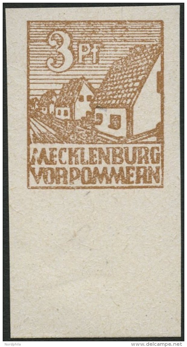 MECKLENBURG-VORPOMMERN 29xbIII **, 1946, 3 Pf. Mattorangebraun, Kreidepapier, Unterrandst&uuml;ck Mit Abart M Von Meckle - Other & Unclassified