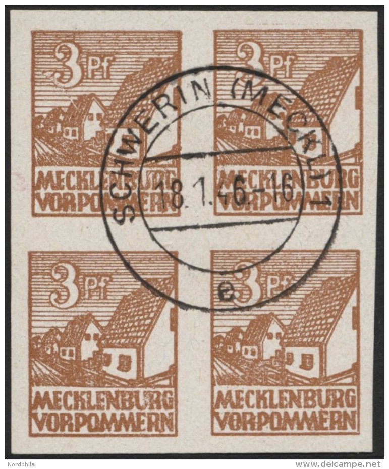 MECKLENBURG-VORPOMMERN 29xa VB O, 1946, 3 Pf. Lebhaftorangebraun, Kreidepapier, Im Zentrisch Gestempelten Viererblock, P - Other & Unclassified