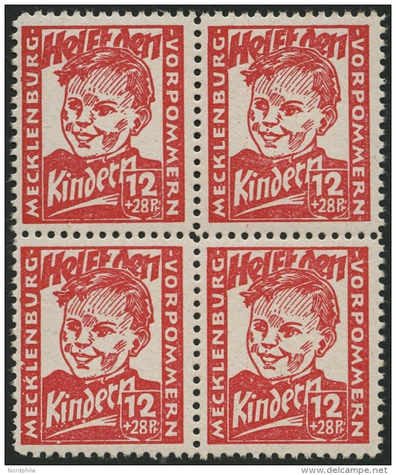 MECKLENBURG-VORPOMMERN 28b VB **, 1945, 12 Pf. Dunkelrosa Kinderhilfe Im Viererblock, Pracht, Gepr. Kramp, Mi. 320.- - Other & Unclassified