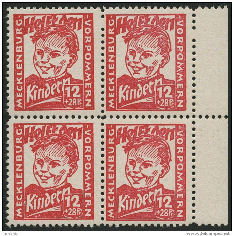 MECKLENBURG-VORPOMMERN 28b VB **, 1945, 12 Pf. Dunkelrosa Kinderhilfe Im Randviererblock, Pracht, Gepr. Kramp, Mi. 320.- - Otros & Sin Clasificación