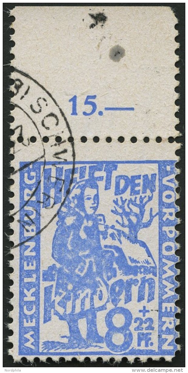 MECKLENBURG-VORPOMMERN 27a O, 1945, 8 Pf. Hellultramarin Kinderhilfe, Oberrandst&uuml;ck, Pracht, Gepr. Kramp - Other & Unclassified