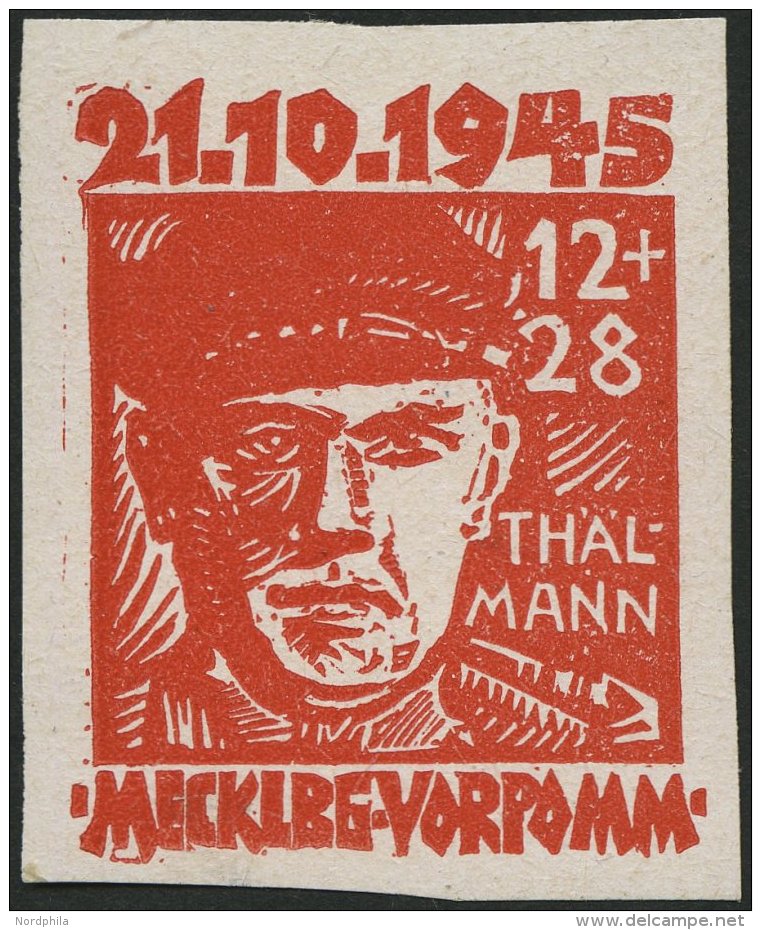 MECKLENBURG-VORPOMMERN 22bU *, 1945, 12 Pf. Orangerot Faschismus, Ungez&auml;hnt, Unten Kleine Anhaftung Sonst Pracht, F - Other & Unclassified