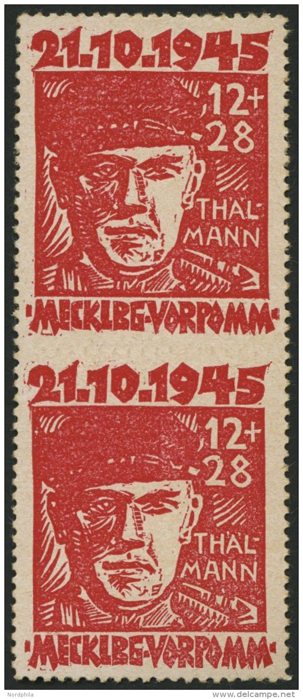 MECKLENBURG-VORPOMMERN 22a Paar *, 1945, 12 Pf. Rot Faschismus Im Senkrechten Paar, Z&auml;hnung In Der Mitte Nur Leicht - Other & Unclassified