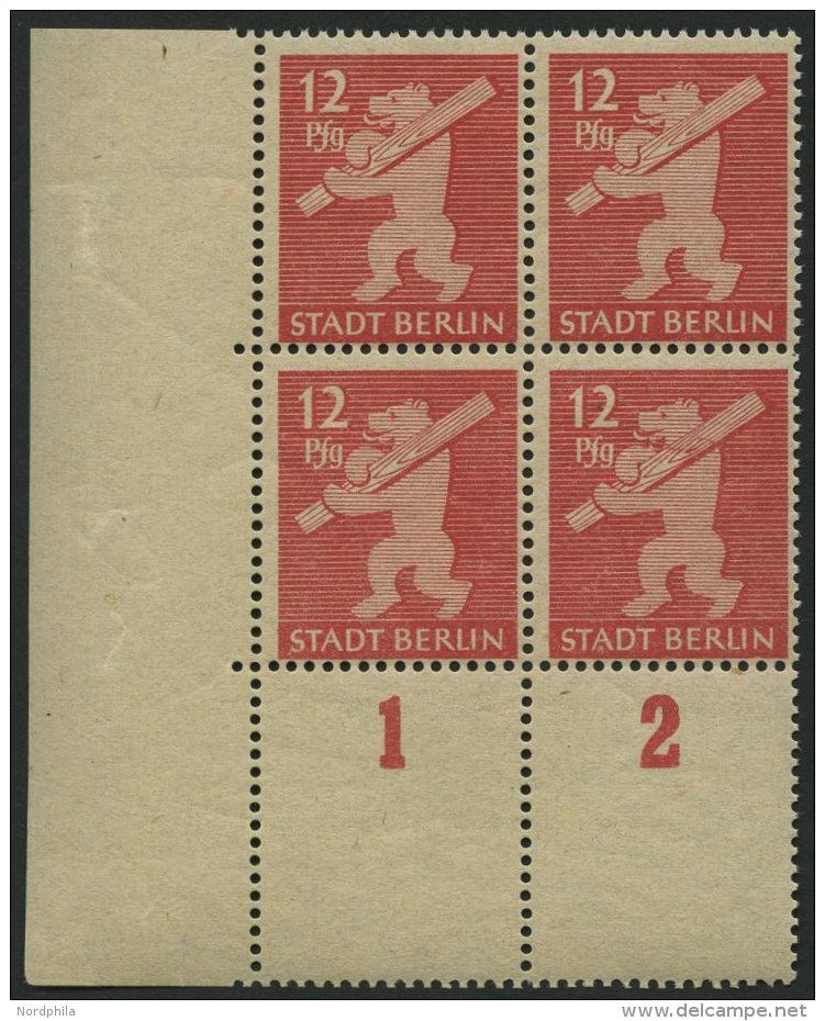 BERLIN UND BRANDENBURG 5AAwaxL **, 1945, 12 Pf. Mittelkarminrot, Graurosa Papier, Glatter Gummi, Im Viererblock Aus Der - Other & Unclassified