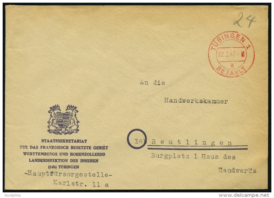 ALL. BES. GEB&Uuml;HR BEZAHLT T&Uuml;BINGEN 1, 22.2.47, Roter K2 BEZAHLT, Prachtbrief - Other & Unclassified