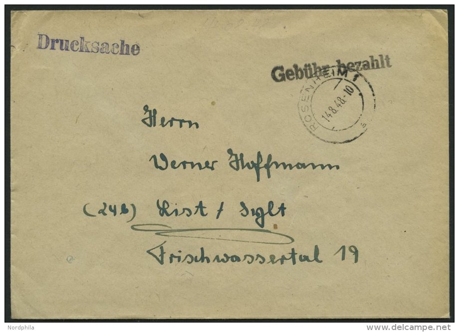 ALL. BES. GEB&Uuml;HR BEZAHLT ROSENHEIM 1, 14.8.48, L1 Geb&uuml;hr Bezahlt, Drucksachenbrief, Pracht - Other & Unclassified