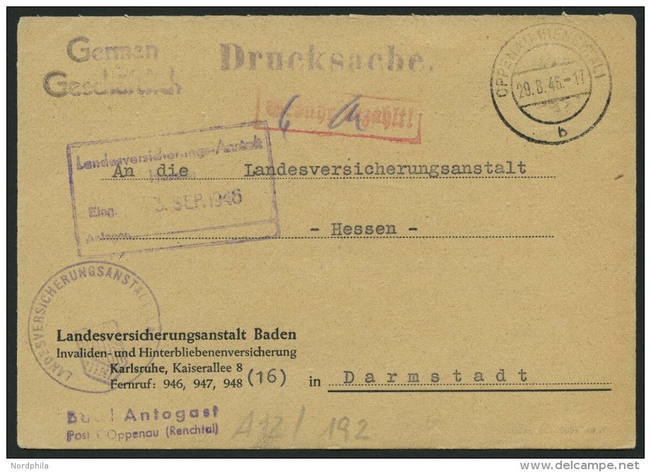 ALL. BES. GEB&Uuml;HR BEZAHLT OPPENAU (RENCHTAL), 29.8.46, Roter R1 Geb&uuml;hr Bezahlt, Drucksachenkarte, Pracht - Other & Unclassified