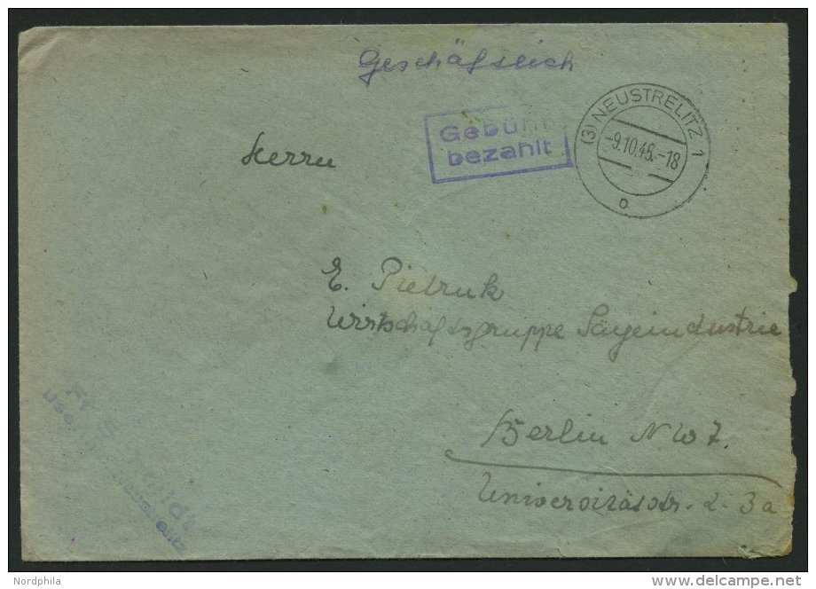 ALL. BES. GEB&Uuml;HR BEZAHLT NEUSTRELITZ, 9.10.45, Violetter R2 Geb&uuml;hr Bezahlt, Brief Feinst - Other & Unclassified