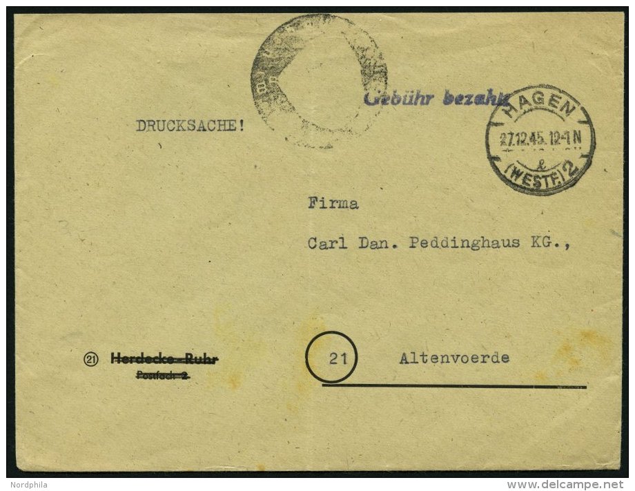 ALL. BES. GEB&Uuml;HR BEZAHLT HAGEN (WESTF), 27.12.45, Violetter L1 Geb&uuml;hr Bezahlt Auf Drucksache, Feinst - Other & Unclassified