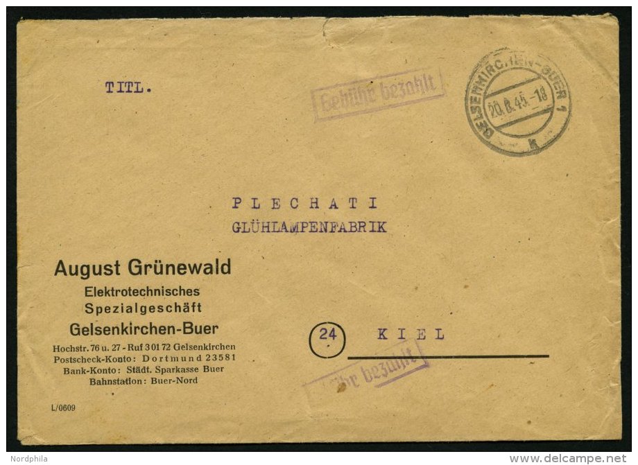 ALL. BES. GEB&Uuml;HR BEZAHLT GELSENKIRCHEN-BUER 1, 20.6.45, Violetter R1 Geb&uuml;hr Bezahlt, Gesch&auml;ftsbrief, Fein - Other & Unclassified