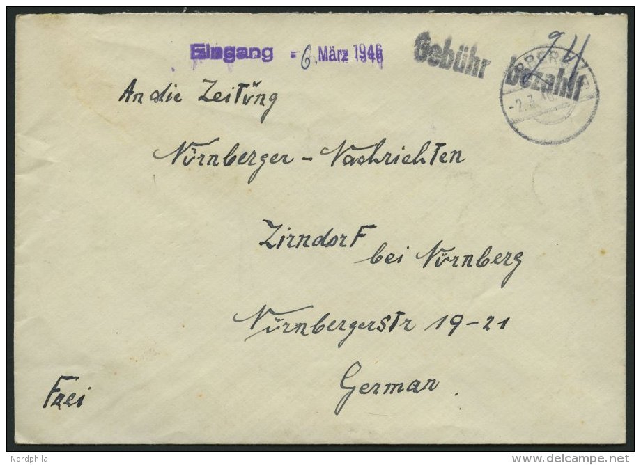 ALL. BES. GEB&Uuml;HR BEZAHLT ARBERG, 2.3.46, R1 Geb&uuml;hr Bezahlt, Handschriflich 24, Mit Violettem Eingangsstempel, - Other & Unclassified