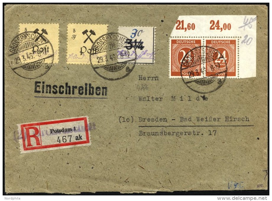 GROSSR&Auml;SCHEN-VORL&Auml;UFER V 9I BRIEF, 1945, 30 Pf. Uhrzeitklebezettel Mit Abart Wertangabe 10 Verbessert In 30 Mi - Private & Local Mails