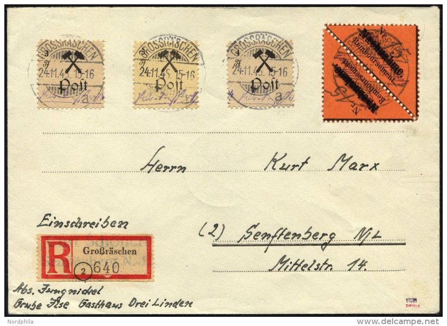 GROSSR&Auml;SCHEN-VORL&Auml;UFER V 2AI Paar BRIEF, 1945, 15 Pf. Schwarz Auf Br&auml;unlichrot, Nachnahme In Antiqua, Im - Private & Local Mails