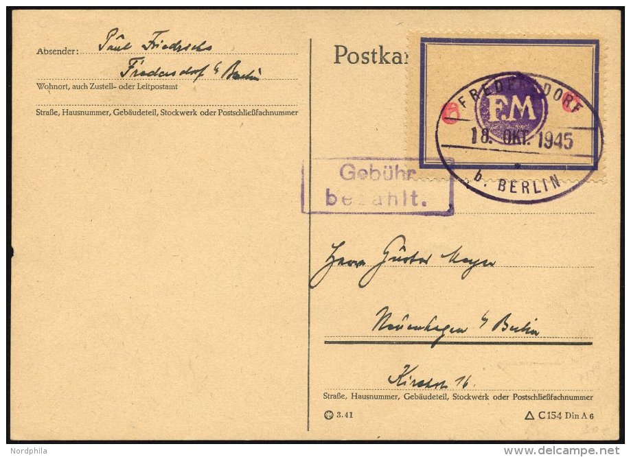FREDERSDORF Sp 171FI BRIEF, 1945, 6 Pf., Rahmengr&ouml;&szlig;e 43x31.5 Mm, Gro&szlig;e Wertziffern, Mit Abart Wertziffe - Private & Local Mails
