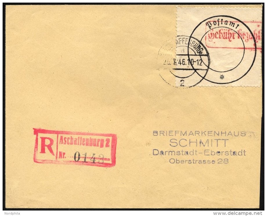 ASCHAFFENBURG 1 BRIEF, 1946, Postverschlusszettel Schwarz/rot Auf Einschreibbrief, Pracht, Mi. 700.- - Other & Unclassified