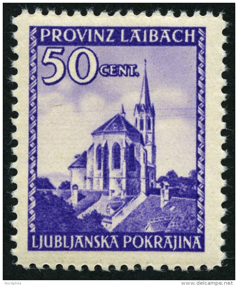 LAIBACH 49I **, 1945, 50 C. Violett Mit Abart 2 Telegraphendr&auml;hte In H&ouml;he Des Kirchturms, Pracht, Mi. 140.- - Occupation 1938-45