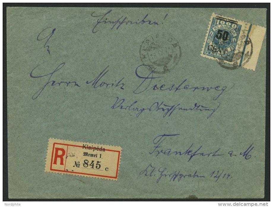 MEMELGEBIET 191 BRIEF, 1923, 50 C. Auf 1000 M. Gr&uuml;nlichblau, Rechtes Randst&uuml;ck Als Einzelfrankatur Auf Einschr - Klaipeda 1923