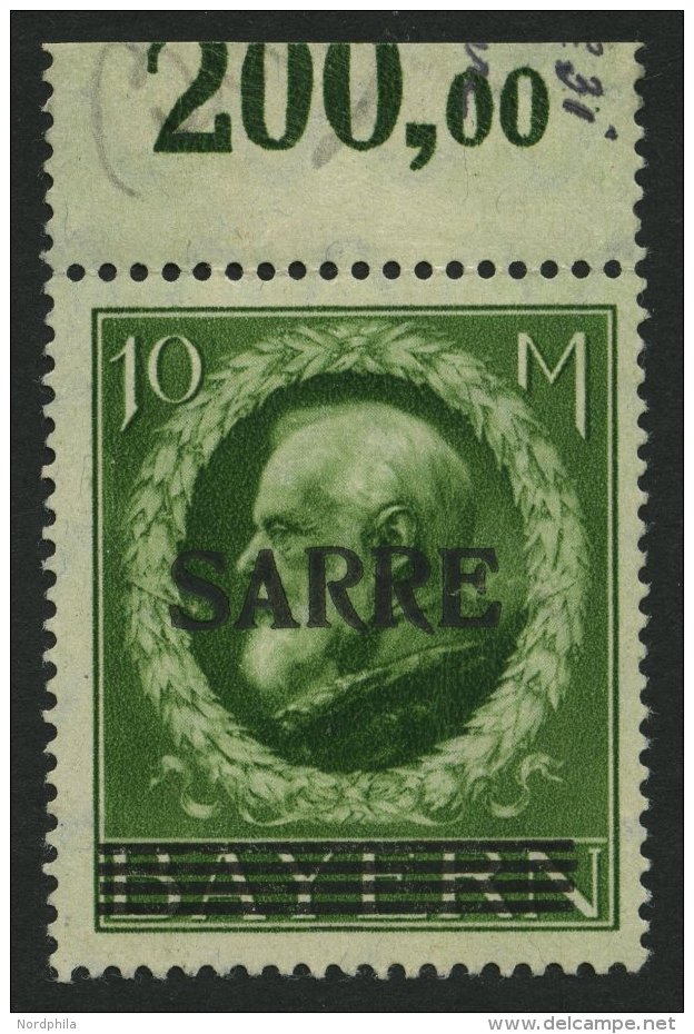 SAARGEBIET 31 **, 1920, 10 M. Bayern-Sarre, Kleine, Wohl Herstellungsbedingte Gummiunregelm&auml;&szlig;igkeiten, Pracht - Other & Unclassified