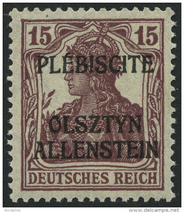 ALLENSTEIN 4aI **, 1920, 15 Pf. Karminbraun, Sog. Siegermarke, &uuml;bliche Gummierung, Pracht, Mi. 110.- - Other & Unclassified