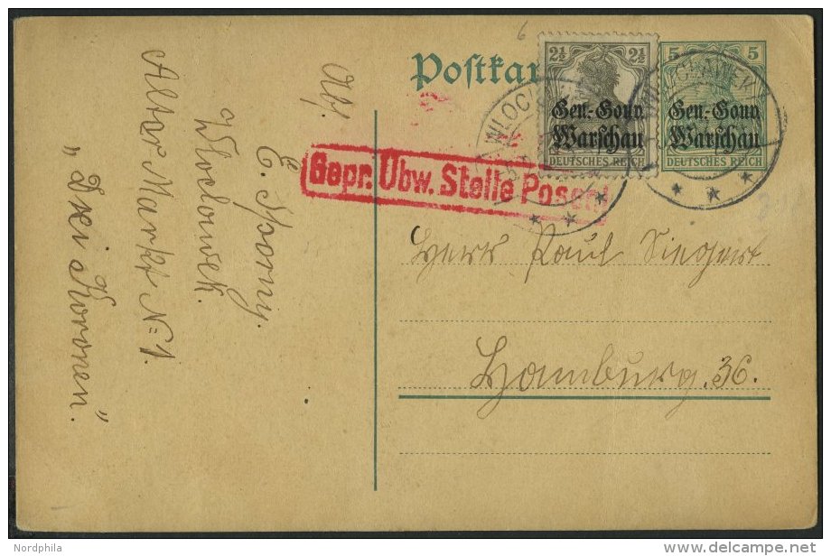 DEUTSCHE POST IN POLEN P 3 BRIEF, 1916, 5 Pf. Gr&uuml;n, Postkarte Rechts Vom Teilstrich, Mit 21/2 Pf. Zusatzfrankatur, - Other & Unclassified