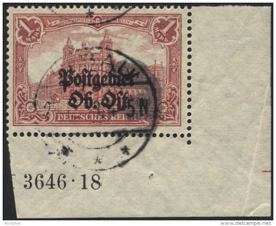 POSTGEBIET OB.OST 12BaHAN O, 1916, 1 M. Dunkelkarminrot, Gez&auml;hnt B, Mit HAN 3646.18, Rechte Untere Bogenecke, Feins - Other & Unclassified