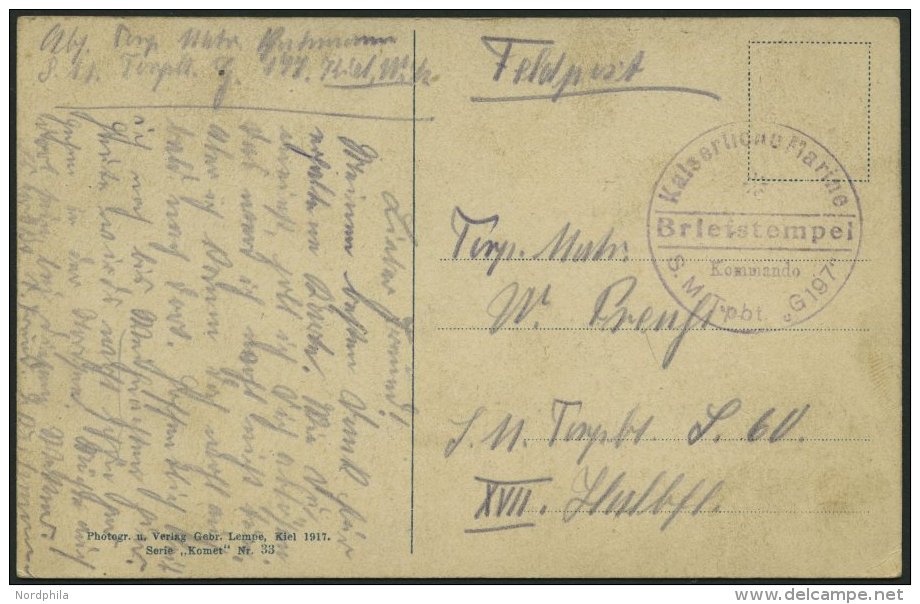 MSP VON 1914 - 1918 (Torpedoboot: G 197), Violetter Briefstempel, Feldpost-Ansichtskarte, Pracht, R! - Maritime