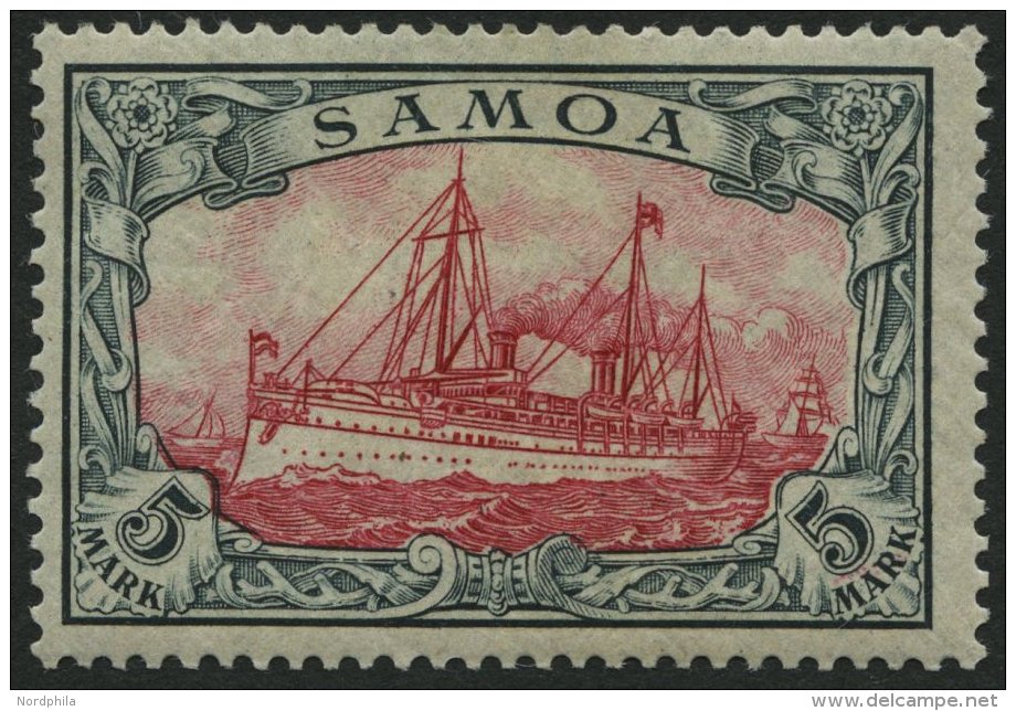 SAMOA 19 *, 1901, 5 M. Gr&uuml;nschwarz/br&auml;unlichkarmin, Ohne Wz., Falzrest, Pracht, Mi. 200.- - Samoa