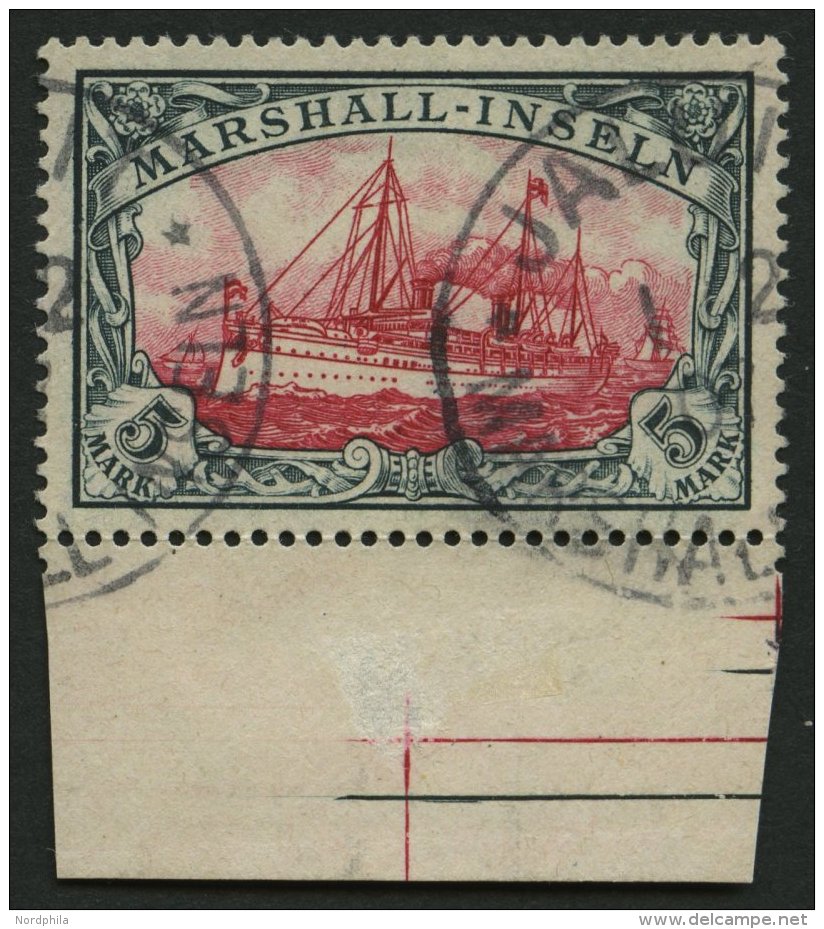 MARSHALL-INSELN 25 O, 1901, 5 M. Gr&uuml;nschwarz/dunkelkarmin, Ohne Wz., Unterrandst&uuml;ck, Pracht, Signiert, Mi. 600 - Marshall Islands